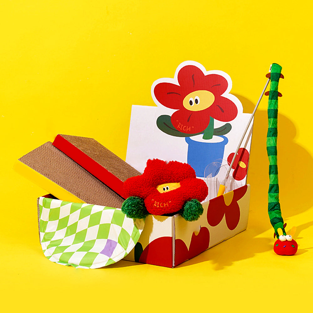 Red Blossom Cat Toy Set (Pet Toy+Summer Mats+Pet Pillows+Cat Scratching Boards)