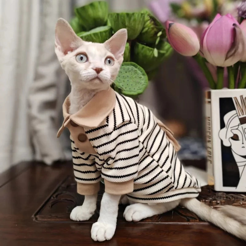 Fashion Striped Polo Shirt with Hat Suit for Sphynx Cat Spring Soft Sweatshirt for Devon Hairless Cat Autumn Costumes