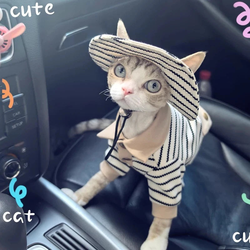 Fashion Striped Polo Shirt with Hat Suit for Sphynx Cat Spring Soft Sweatshirt for Devon Hairless Cat Autumn Costumes