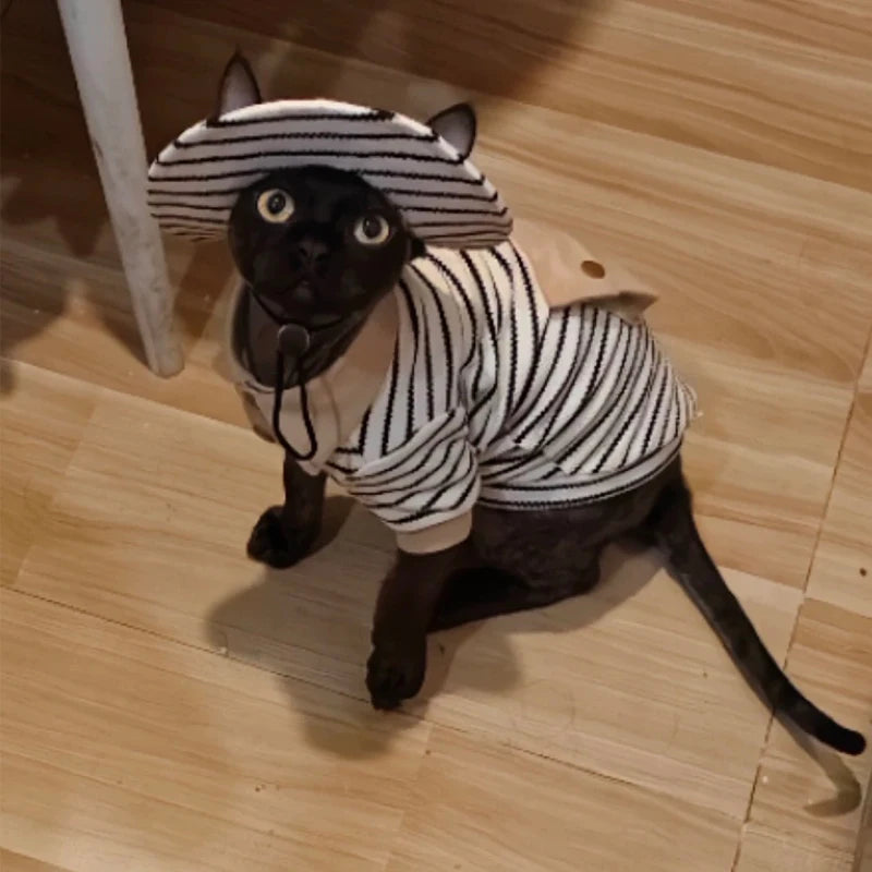 Fashion Striped Polo Shirt with Hat Suit for Sphynx Cat Spring Soft Sweatshirt for Devon Hairless Cat Autumn Costumes