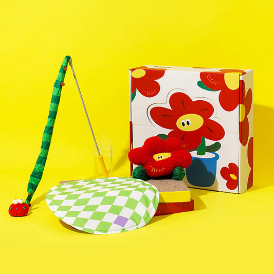 Red Blossom Cat Toy Set (Pet Toy+Summer Mats+Pet Pillows+Cat Scratching Boards）