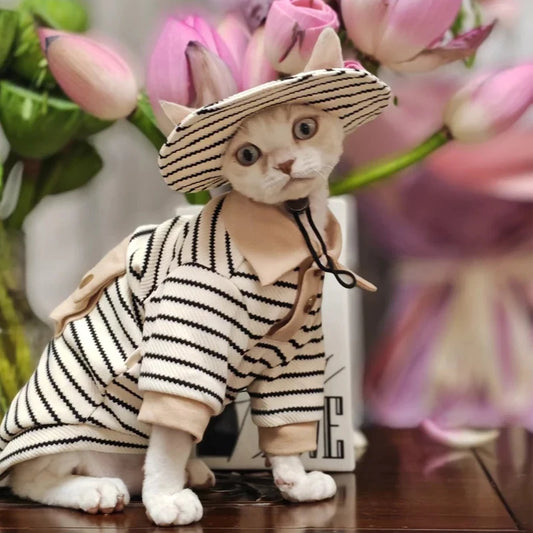 Fashion Striped Polo Shirt with Hat Suit for Sphynx Cat Spring Soft Sweatshirt for Devon Hairless Cat Autumn Costumes