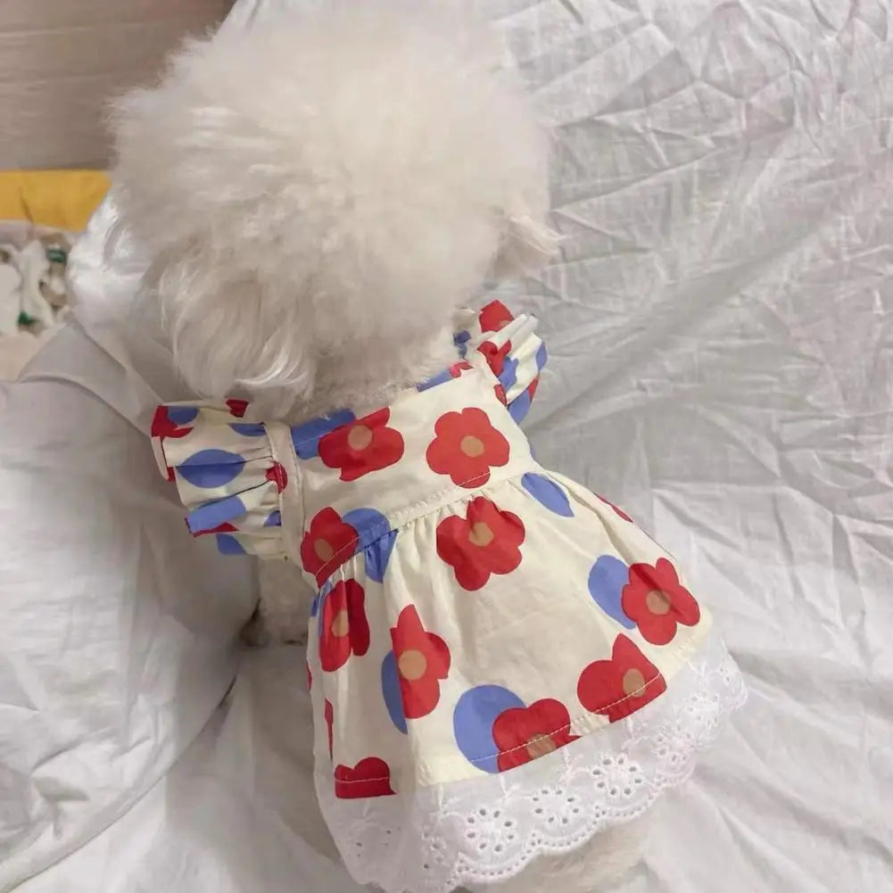 Pet Dress Floral Printing Flying Sleeve Ruffle Edge Summer Small Dog Princess Cosplay Costume Fancy Lace Christmas For Spring