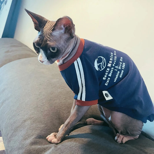 Fashion Cotton T-shirt for Cat Spring Janpanese Style Blue Long Sleeves Letters Sweatshirt For Sphinx Cat Devon Rex Jumpsuit