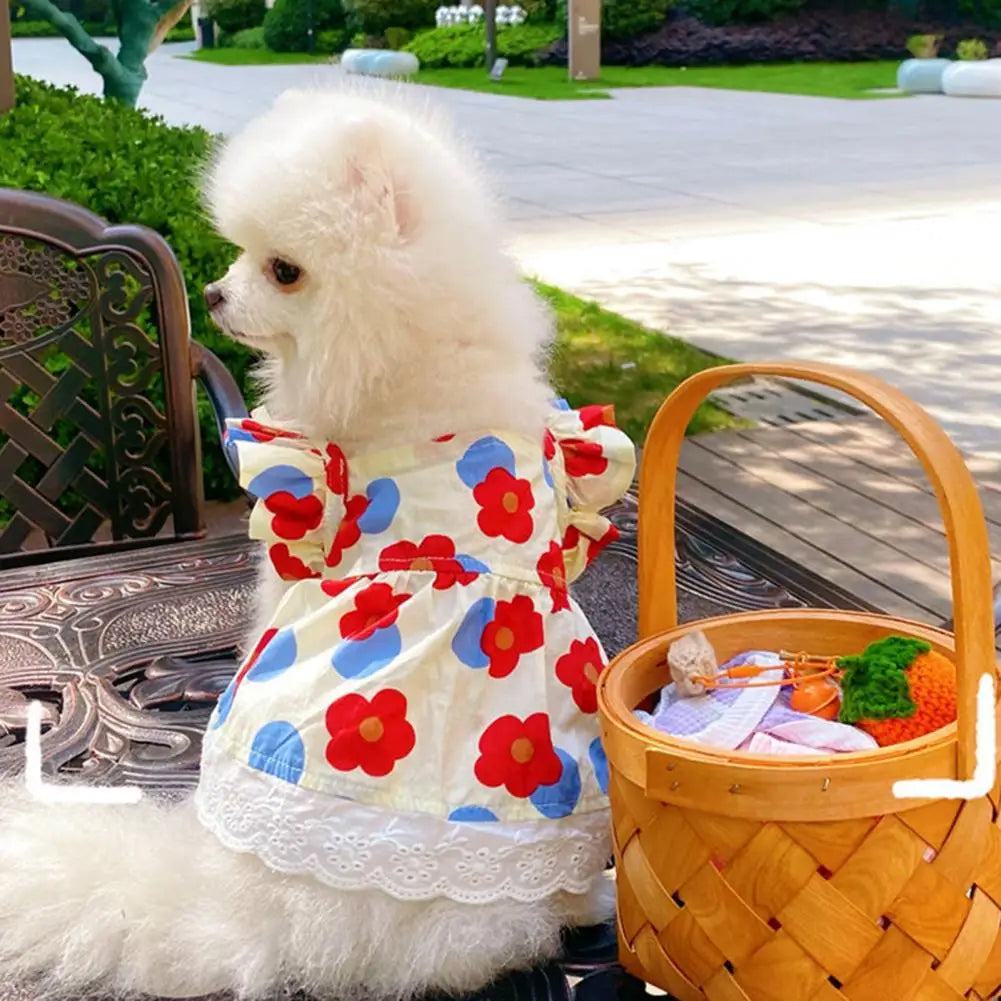 Pet Dress Floral Printing Flying Sleeve Ruffle Edge Summer Small Dog Princess Cosplay Costume Fancy Lace Christmas For Spring
